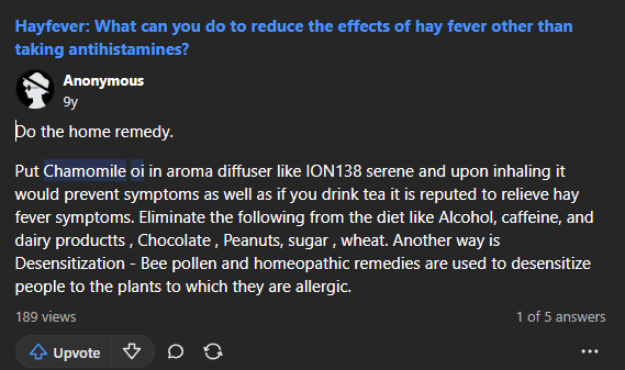 screen shot showing User experience with chamomile oil on the internet