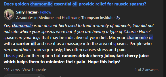 screen shot showing User experience with chamomile oil on the internet
