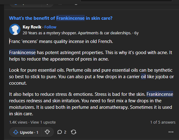 The photo shows what people say about the Frankincense Oil