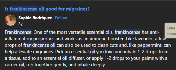 The photo shows what people say about the Frankincense Oil