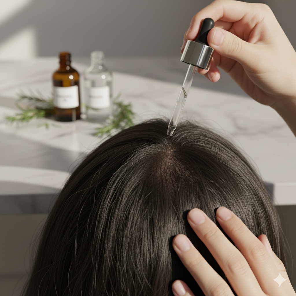 Applying rosemary oil  on hair