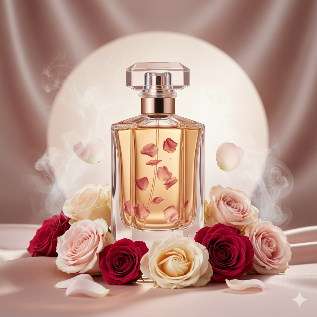 A perfume bottle that has Rose Essential Oil's scent of elegance 