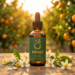 Premium neroli essential oil blend in a luxury glass dropper bottle surrounded by delicate white orange blossoms