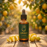 Alt Text: Premium lemon oil blend in a luxury amber glass dropper bottle nestled among fresh citrus slices and botanical leaves