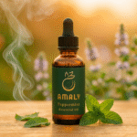 Premium peppermint essential oil blend in a luxury amber glass dropper bottle surrounded by crisp, green mint leaves