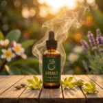 Premium ylang ylang essential oil blend in a luxury amber glass dropper bottle nestled among exotic yellow star-shaped flowers